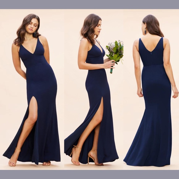 NWT Dress the Population [ Small ] Iris Slit Crepe‎ Gown in Midnight Blue - Picture 3 of 15
